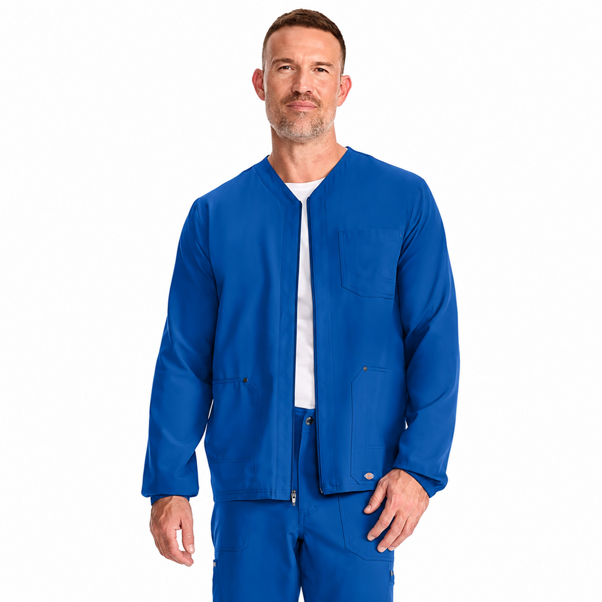 Dickies DK323 chamarra médica para hombre Azul Rey, vista frontal abierta | color:azul-rey
