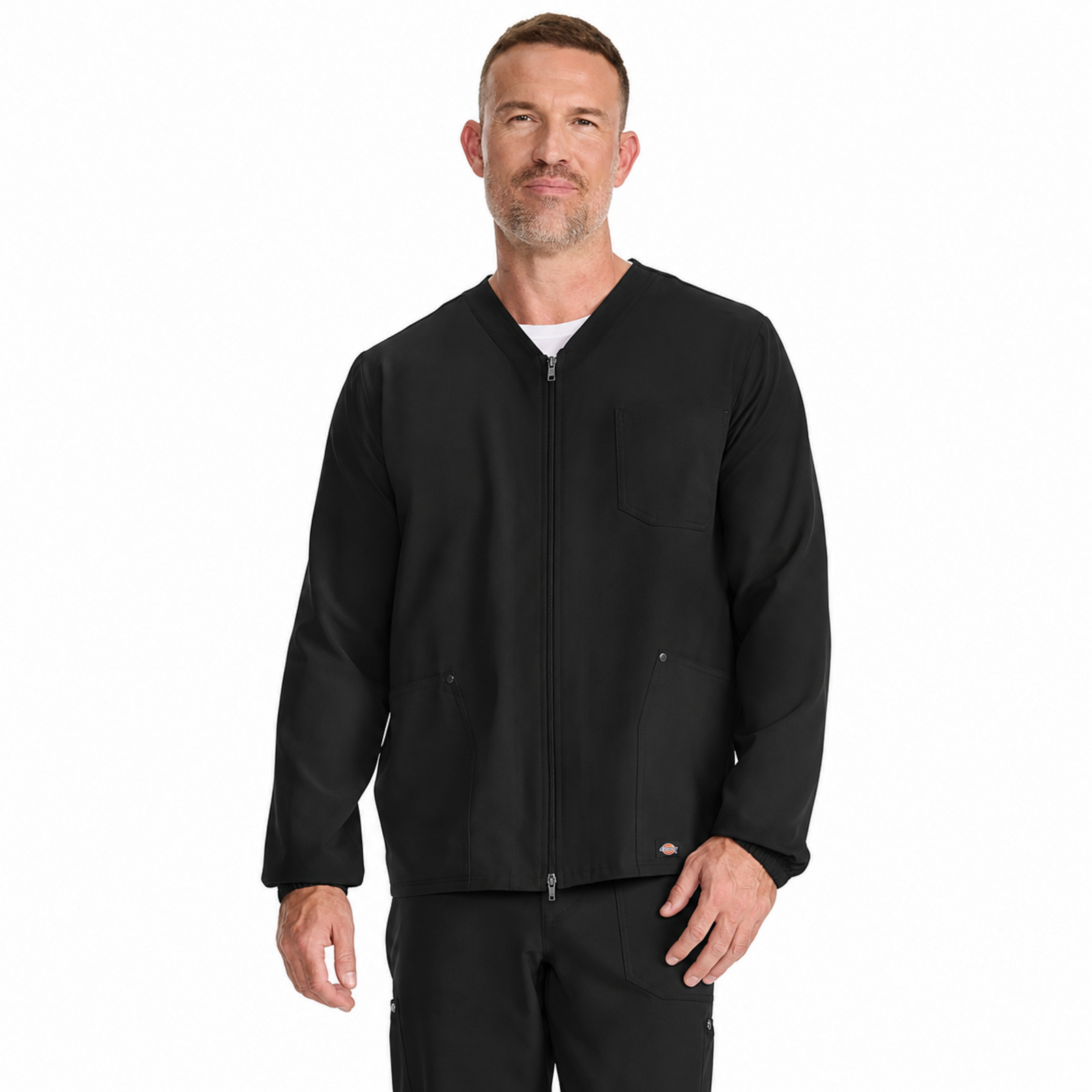 Dickies DK323 chamarra médica para hombre Negra, vista frontal | color:negra