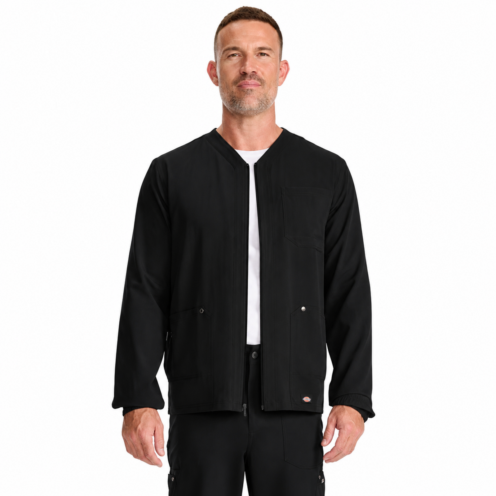Dickies DK323 chamarra médica para hombre Negra, vista frontal abierta | color:negra
