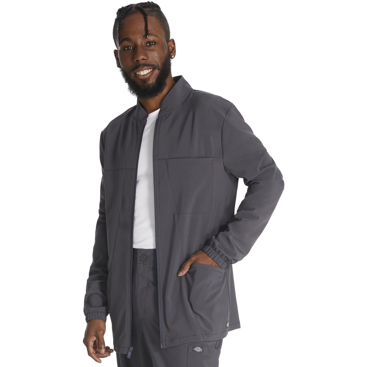 Chamarra médica Dickies DK342 para hombre Gris Oxford, vista tres cuartos | color:gris-oxford