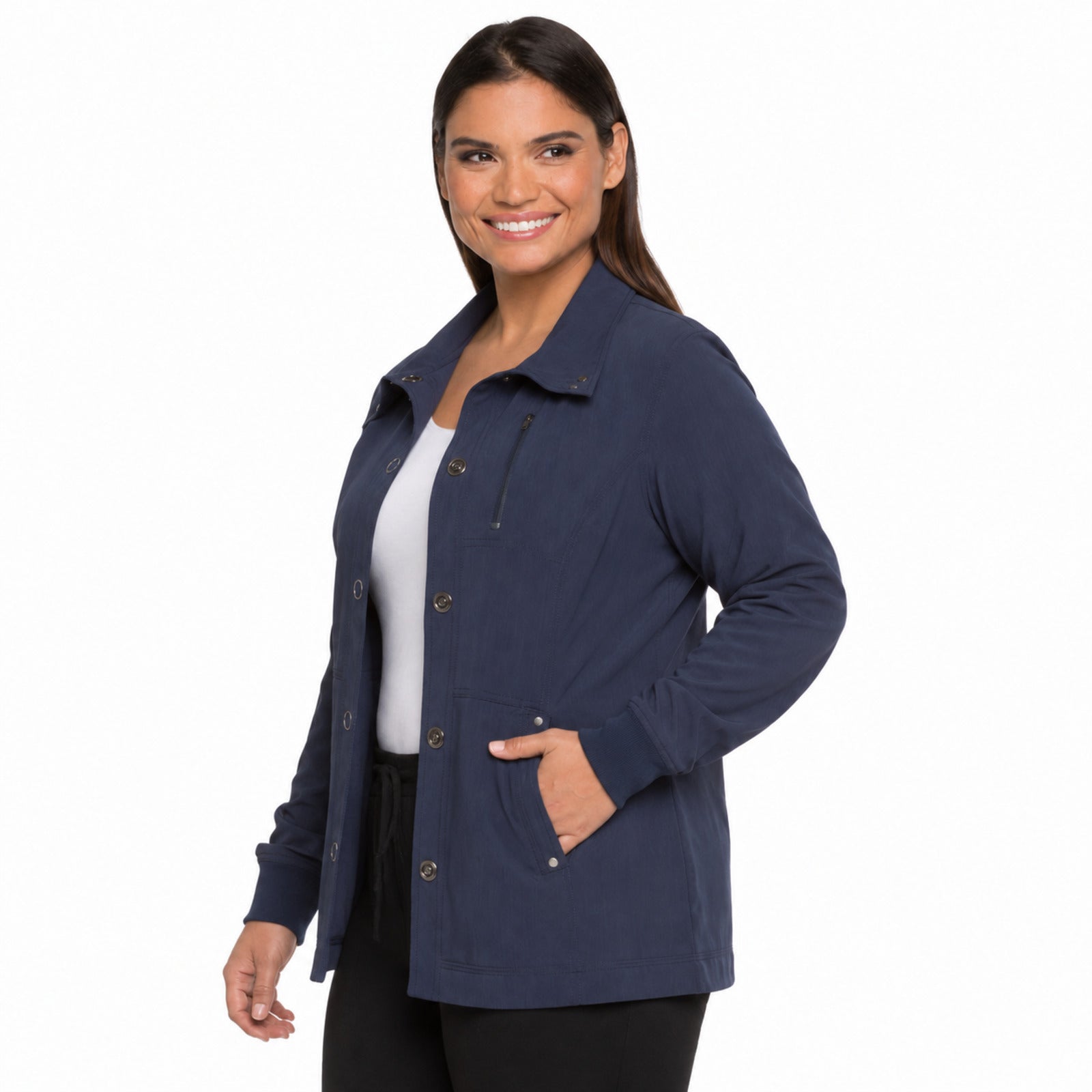 Dickies DK345 chamarra médica para mujer talla extra en Azul Marino, vista de perfil | color:azul-marino