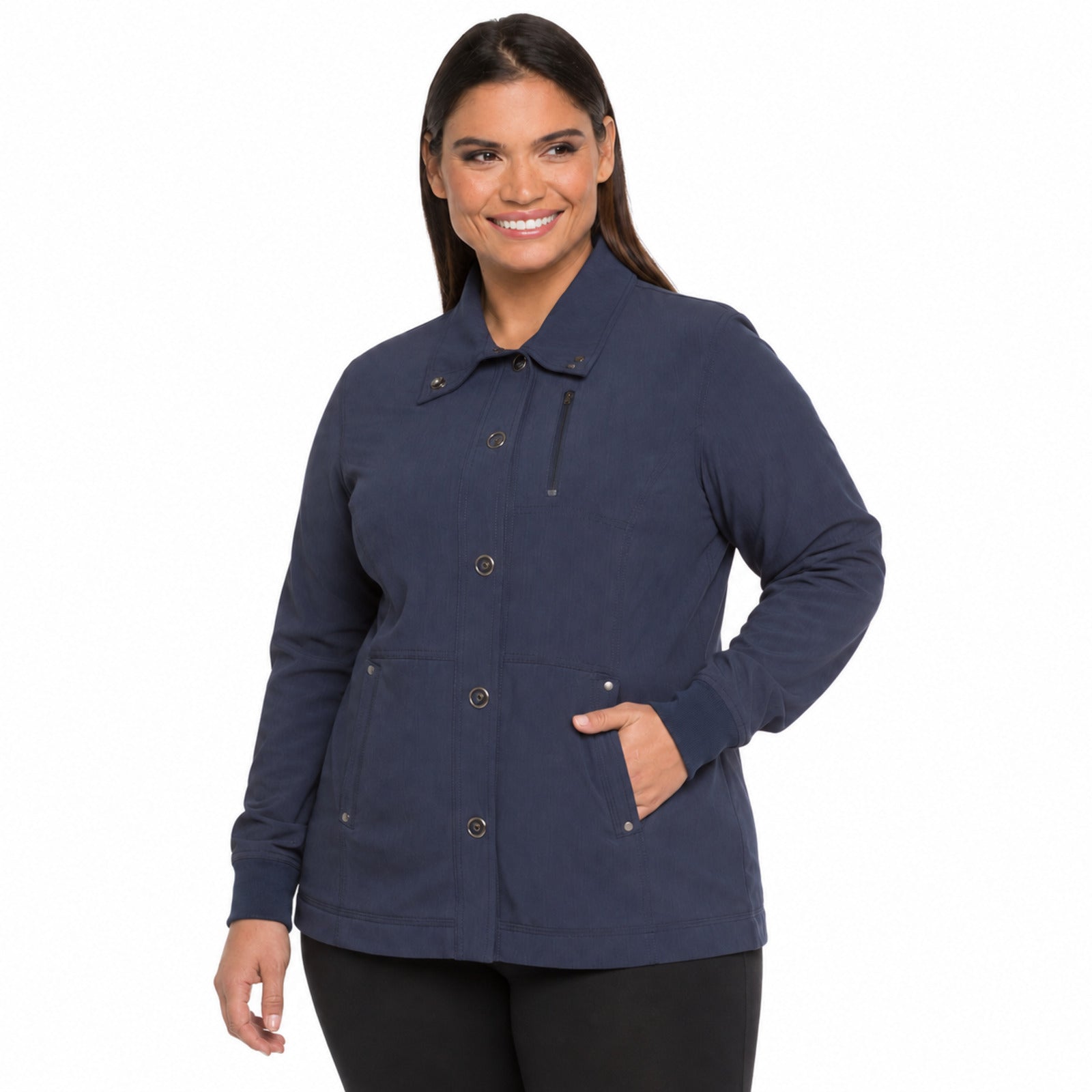 Dickies DK345 chamarra médica para mujer talla extra en Azul Marino, vista tres cuartos | color:azul-marino