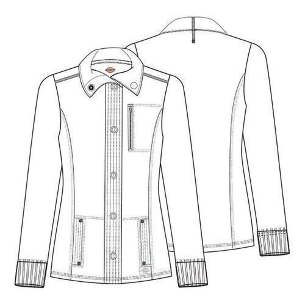 Dickies DK345 chamarra médica para mujer, dibujo técnico frontal y posterior