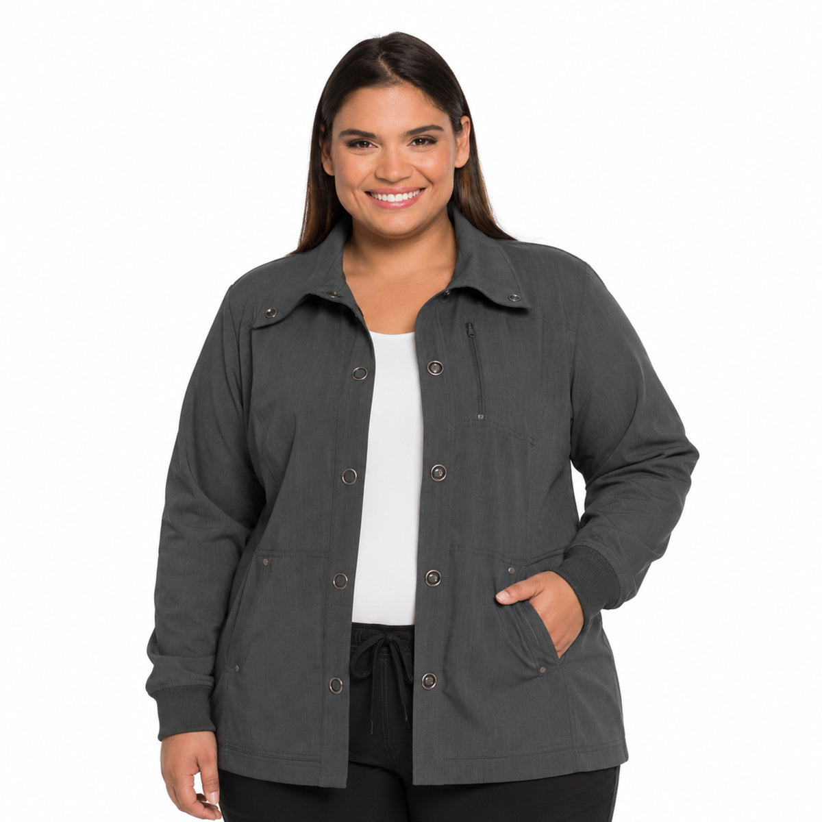 Dickies DK345 chamarra médica para mujer talla extra en Gris Oxford, vista frontal | color:gris-oxford