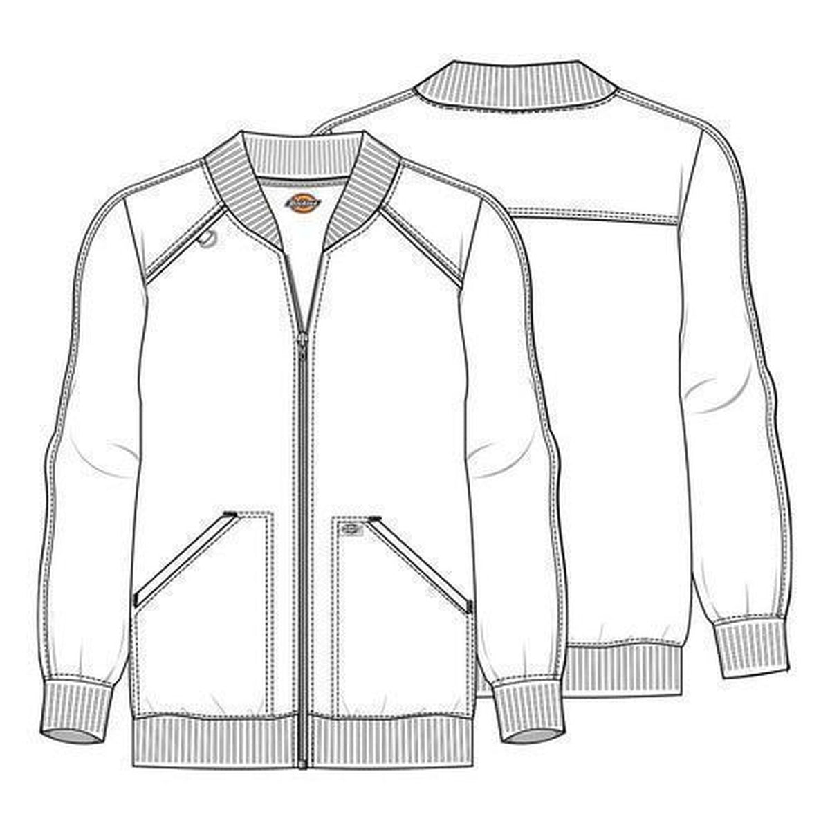 Chamarra médica Dickies DK365 para mujer talla extra Negra, dibujo técnico frontal y posterior | color:negra