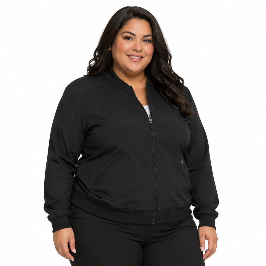 Chamarra médica Dickies DK365 para mujer talla extra Negra, vista frontal | color:negra