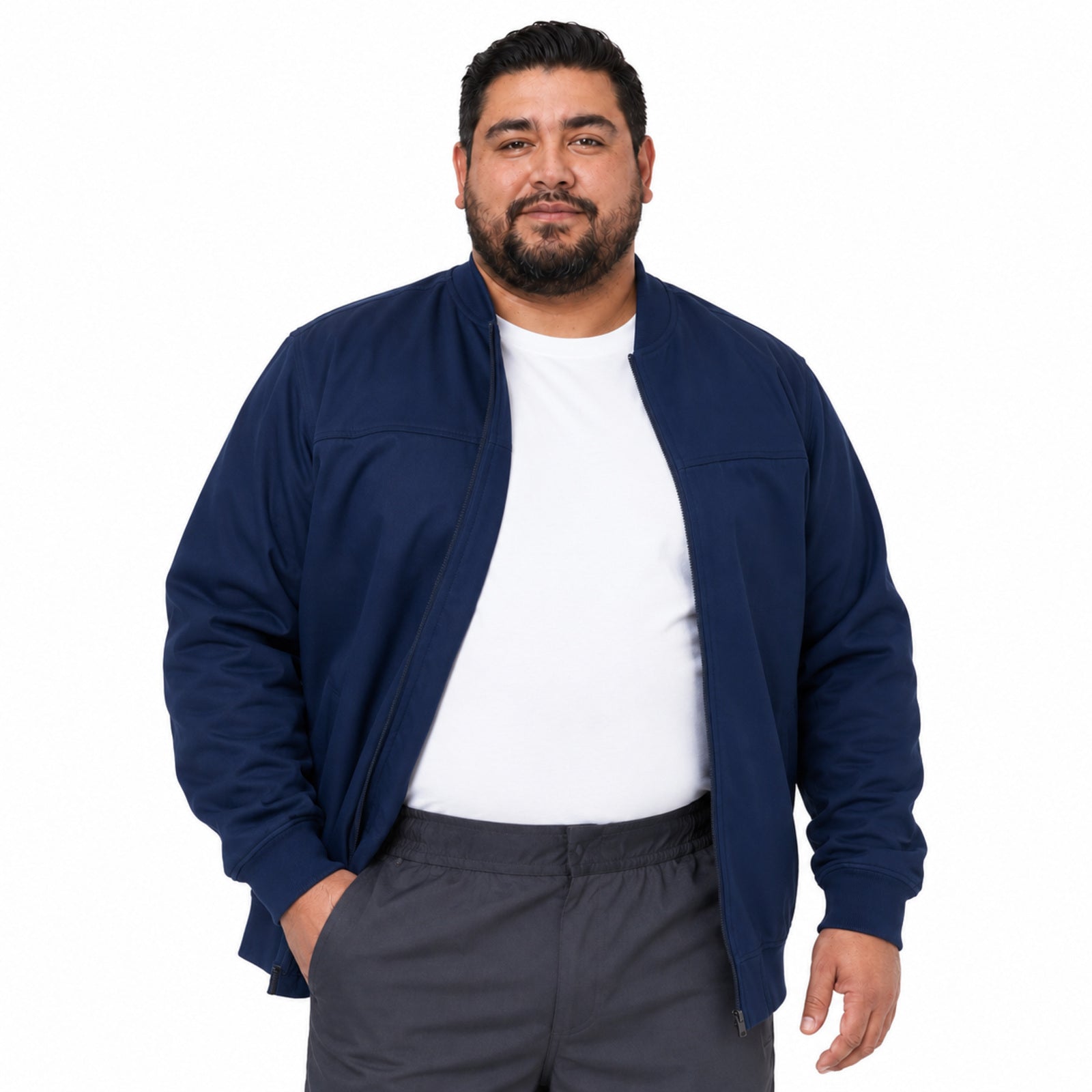 Chamarra médica Dickies DK370 para hombre talla extra azul marino, vista tres cuartos abierta | color:azul-marino