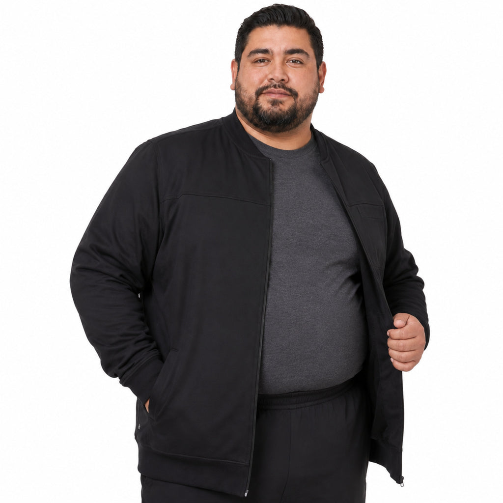 Chamarra médica Dickies DK370 para hombre talla extra negra, vista tres cuartos abierta