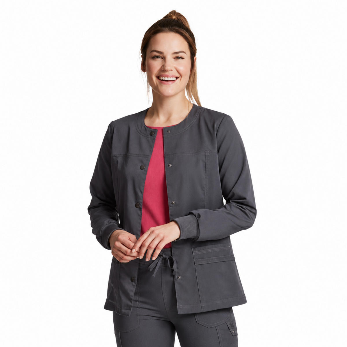 Chamarra médica Dickies DK380 para mujer Gris Oxford, vista frontal abierta | color:gris-oxford