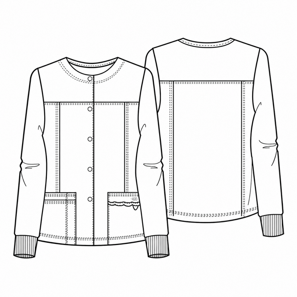 Chamarra médica Dickies DK380 para mujer Negra, dibujo técnico frontal y posterior