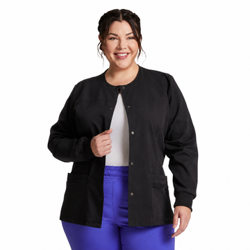 Chamarra médica Dickies DK380 para mujer Negra, vista frontal abierta | color:negra