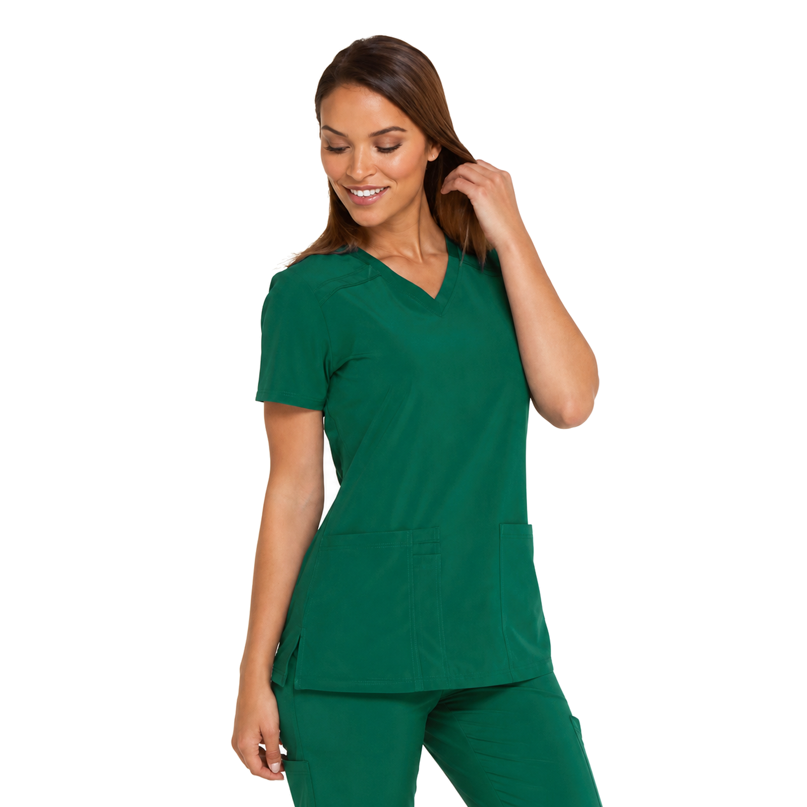 Filipina médica Dickies DK615 para mujer Hunter, vista tres cuartos con cabello recogido | color:hunter