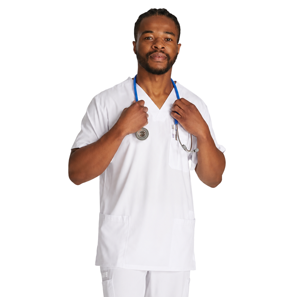Dickies DK645 filipina quirúrgica para hombre color Blanco, vista frontal con estetoscopio | color:blanco