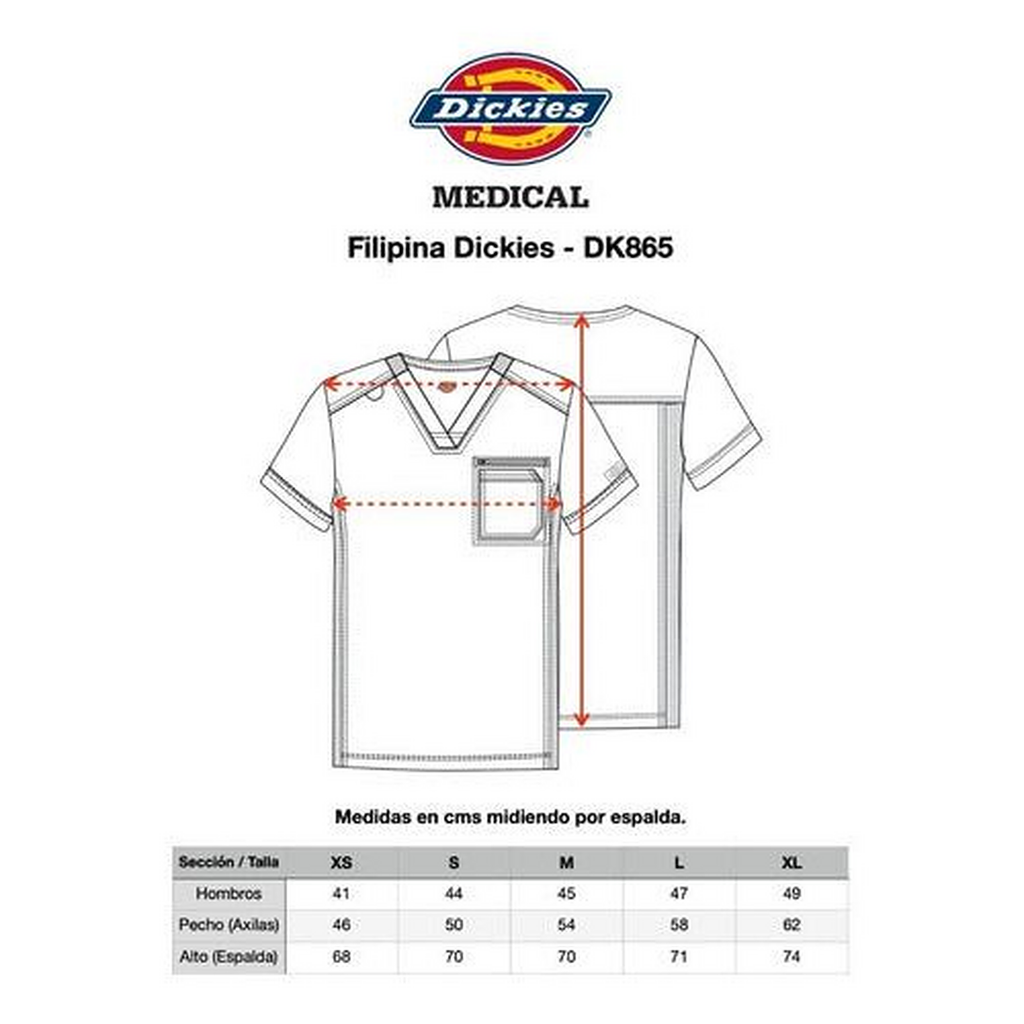 Filipina quirúrgica Dickies DK865 para hombre color Azul Rey, tabla de medidas