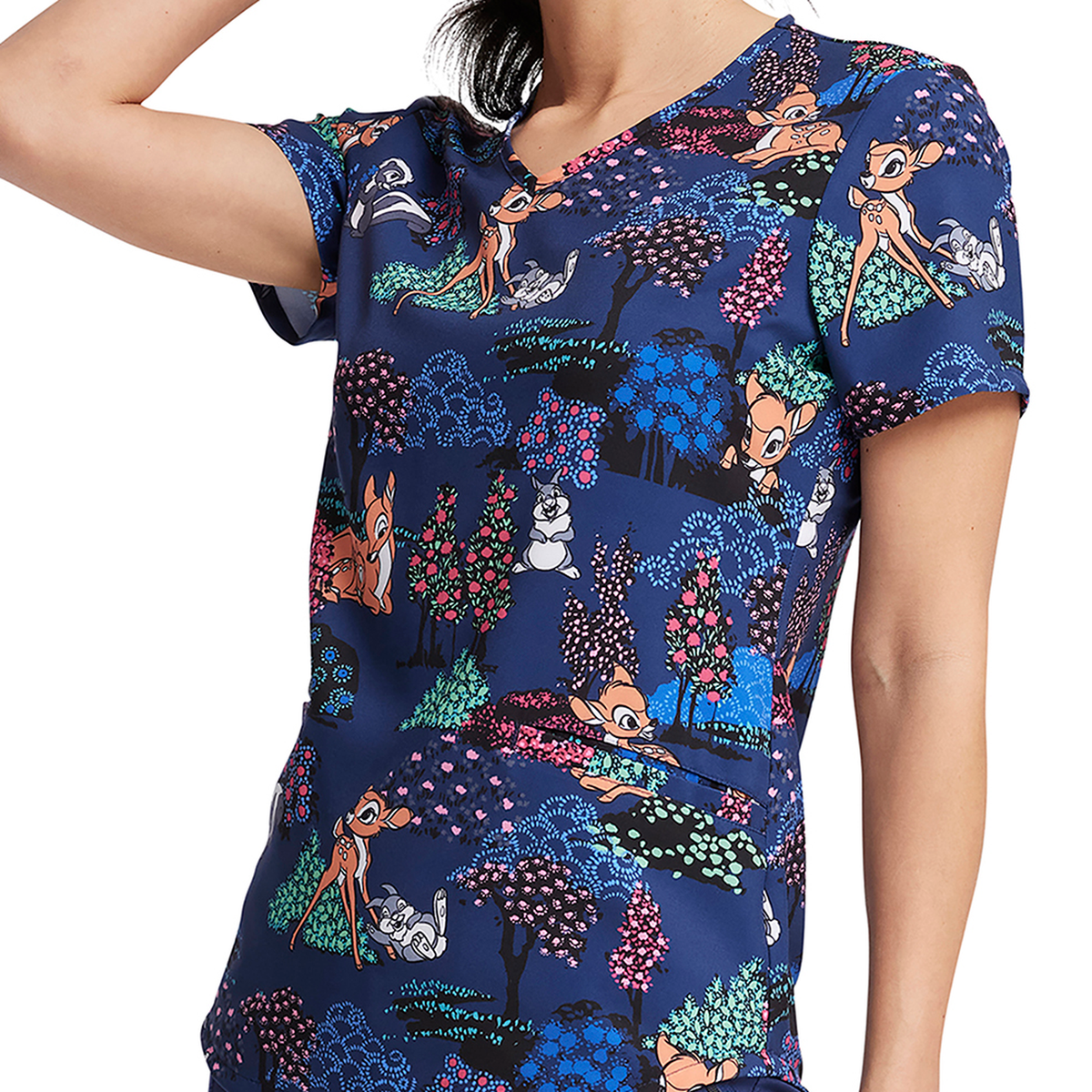 Filipina Disney TF737 para mujer, Bambi y Tambor azul marino, detalle cuello estampado | color:bawg-azul-marino