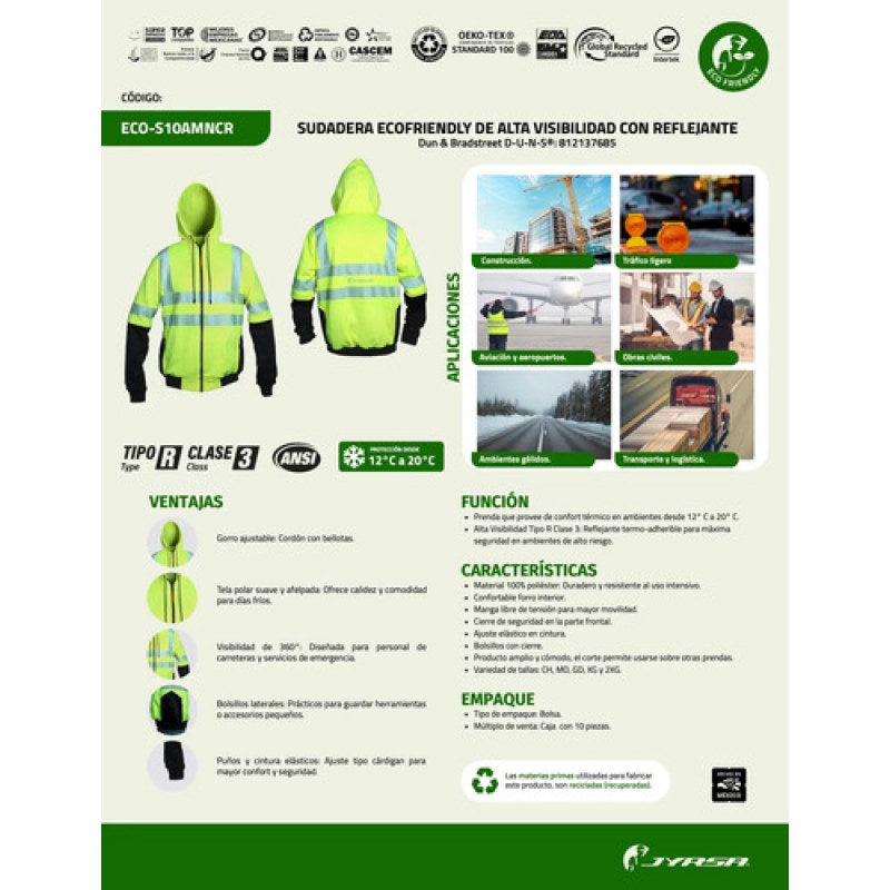 Sudadera Jyrsa Eco-s10 Capucha Visibilidad Reflejantes Extra Amarilla 2xg #mlpos_3 #sku_eco-s10amn2xgcr