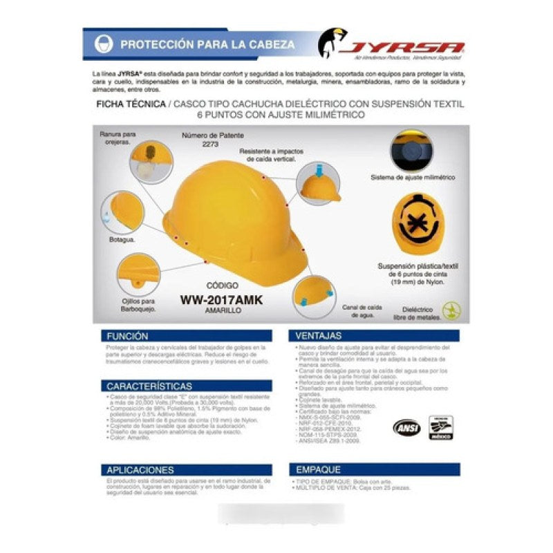 Casco Seguridad Jyrsa Ajuste Matraca Dieléctrico Certificado #mlpos_12 | Color: Amarillo #color_amarillo #sku_eco-2017amk