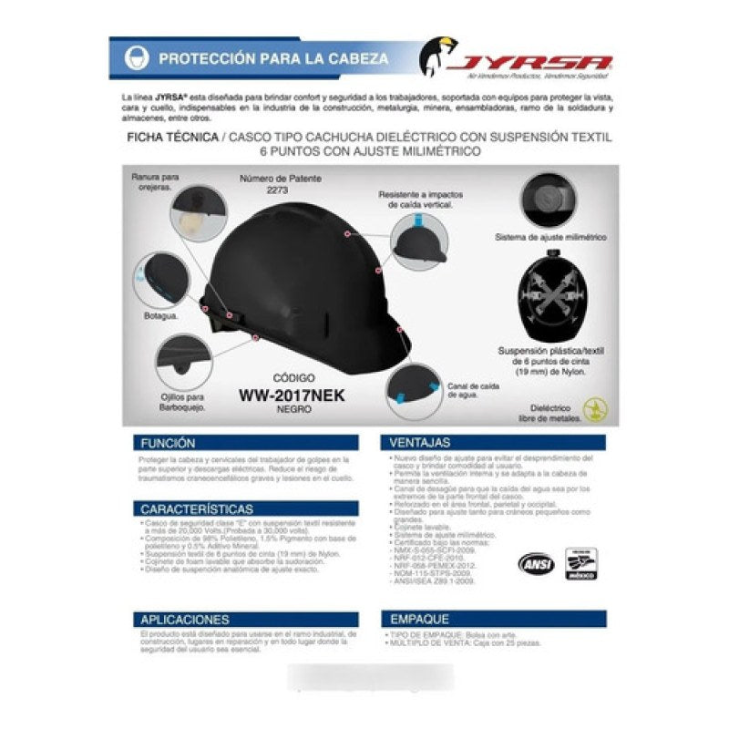 Casco Seguridad Jyrsa Ajuste Matraca Dieléctrico Certificado #mlpos_17 | Color: Negro #color_negro #sku_eco-2017nek