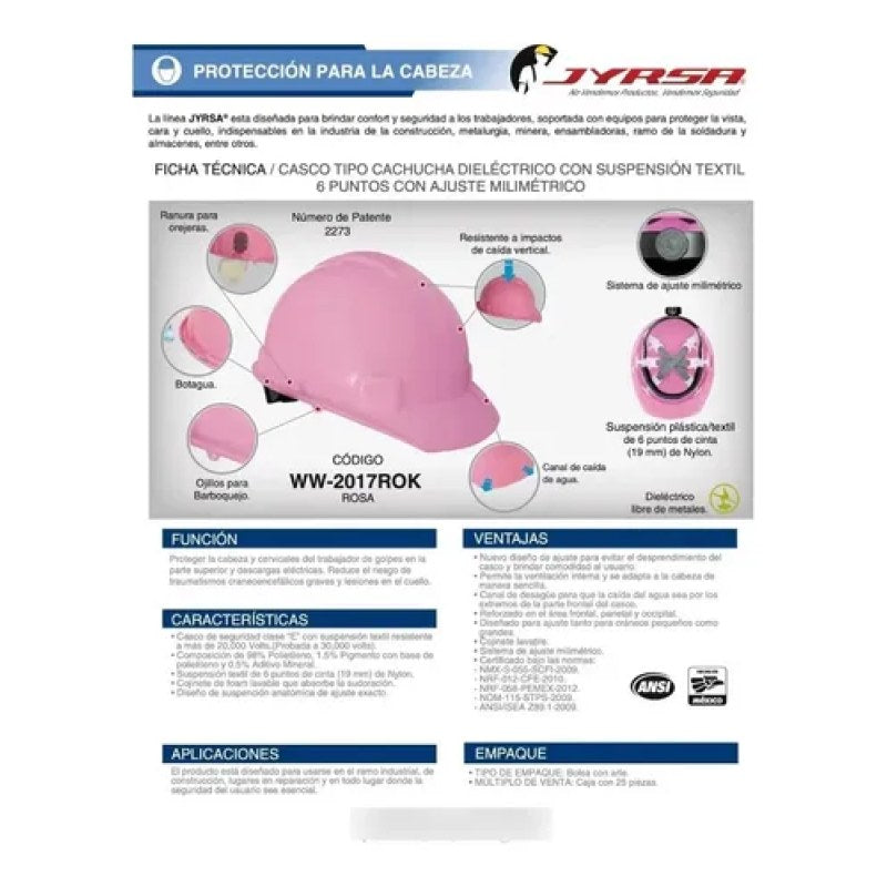 Casco Seguridad Jyrsa Ajuste Matraca Dieléctrico Certificado #mlpos_22 | Color: Rosa #color_rosa #sku_eco-2017rok