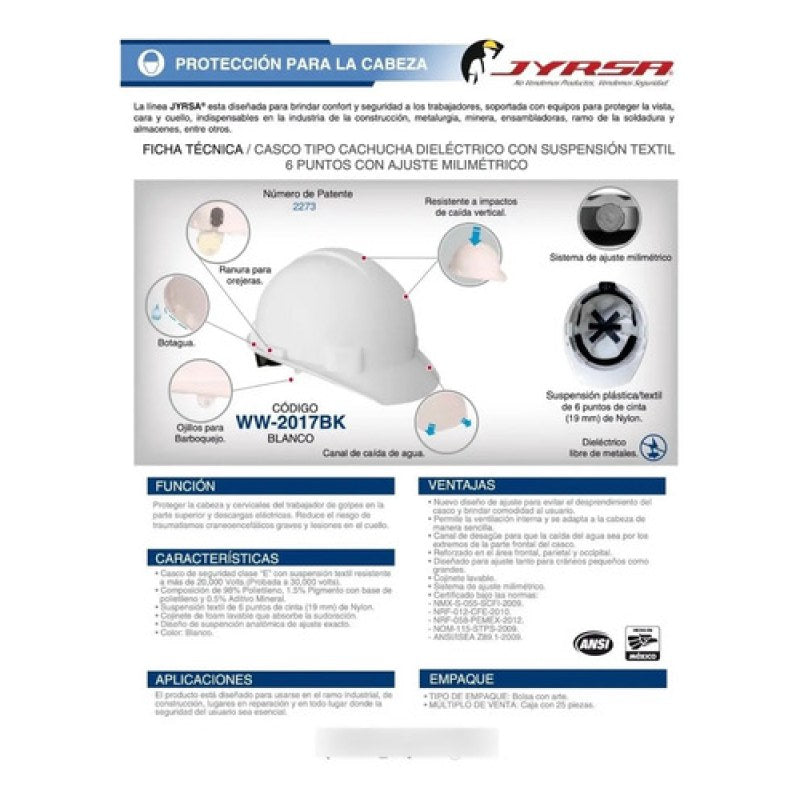 Casco Seguridad Jyrsa Ajuste Matraca Dieléctrico Certificado #mlpos_4 | Color: Blanco #color_blanco #sku_eco-2017bk