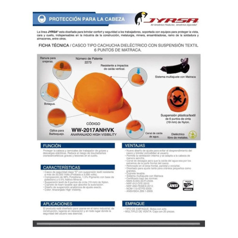 Casco Seguridad Jyrsa Ajuste Matraca Dieléctrico Certificado #mlpos_8 | Color: Naranja #color_naranja #sku_eco-2017ank