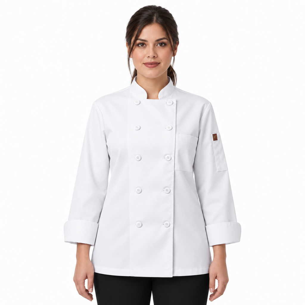 Filipina de chef para mujer Red Kap 041 Blanca, vista frontal con modelo