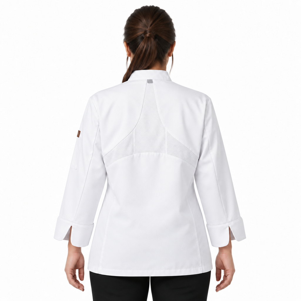 Filipina de chef para mujer Red Kap 041 Blanca, vista posterior con modelo y panel de malla