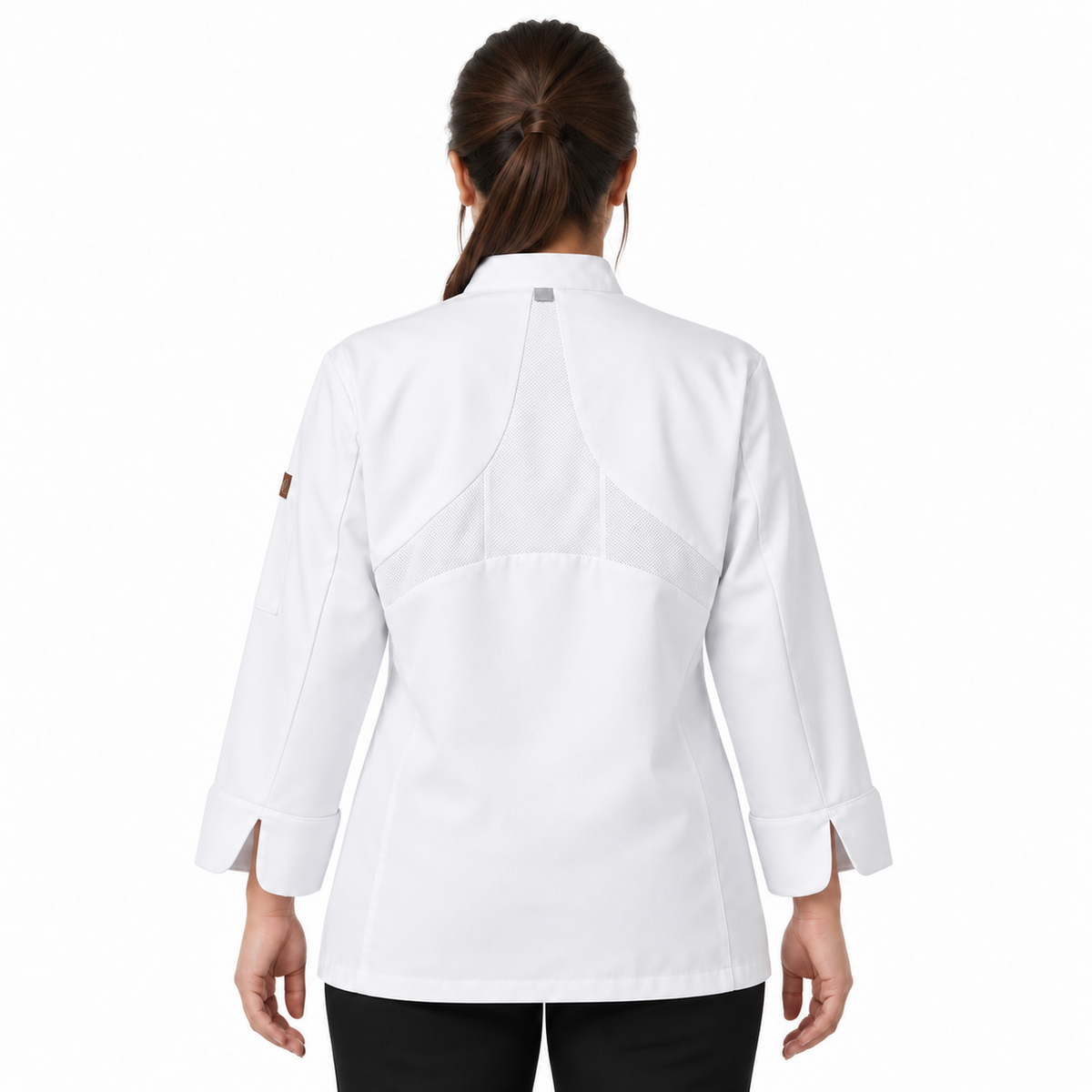 Filipina de chef para mujer Red Kap 041 Blanca, vista posterior con modelo y panel de malla | color:blanca