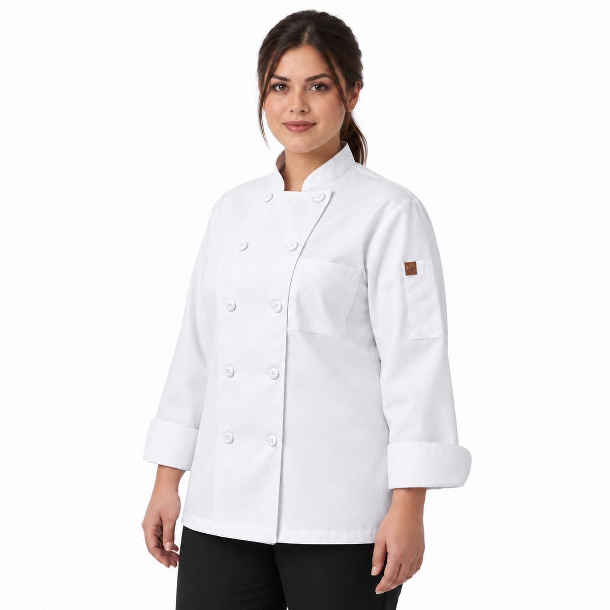 Filipina de chef para mujer Red Kap 041 Blanca, vista tres cuartos derecha con modelo | color:blanca