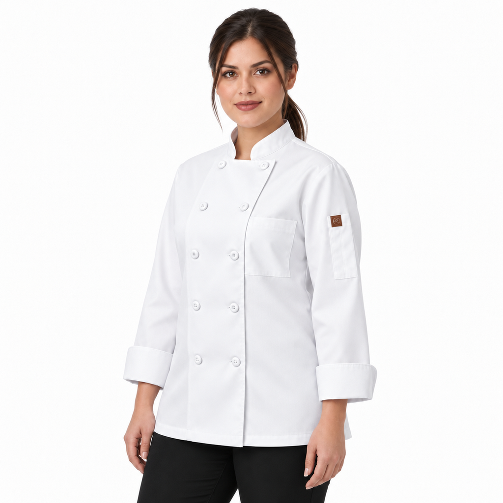 Filipina de chef para mujer Red Kap 041 Blanca, vista tres cuartos izquierda con modelo