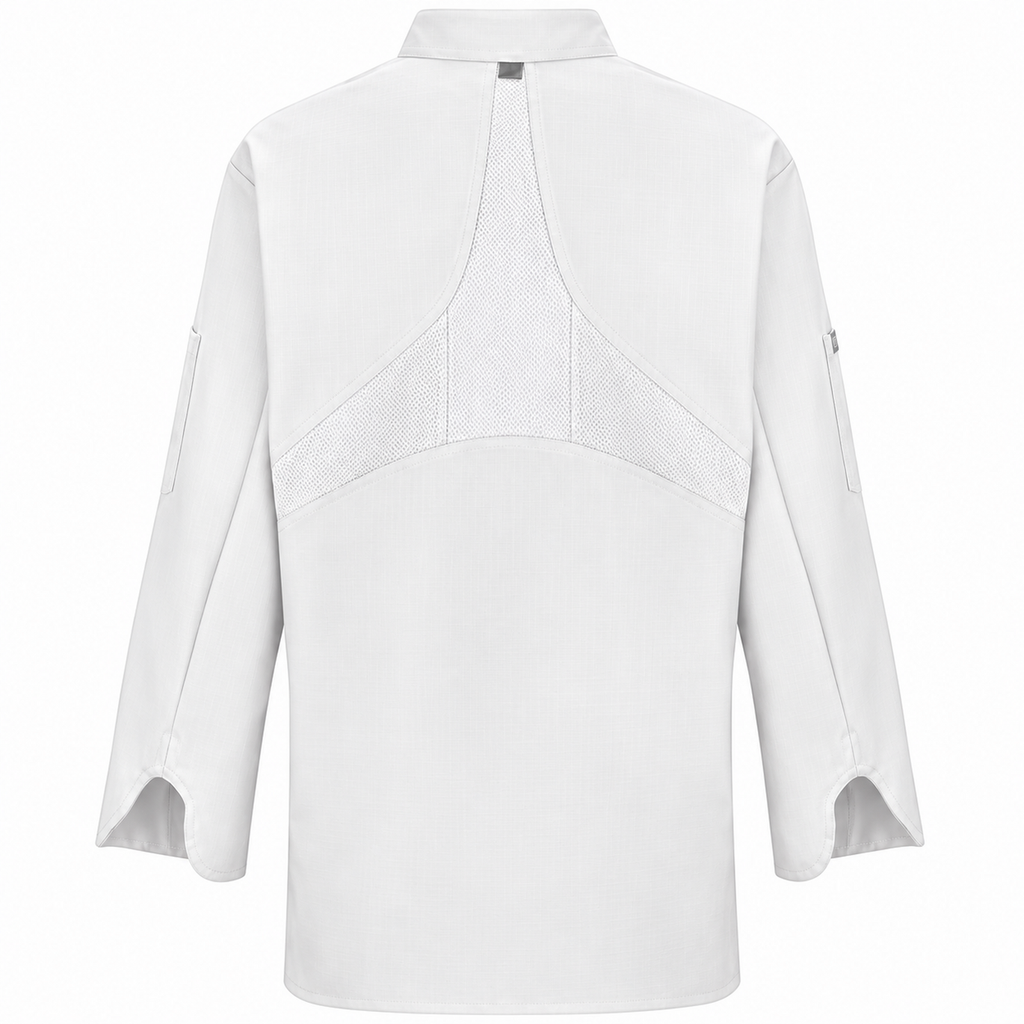 Filipina de chef para mujer Red Kap 041 Blanca, prenda sola vista posterior con panel de malla