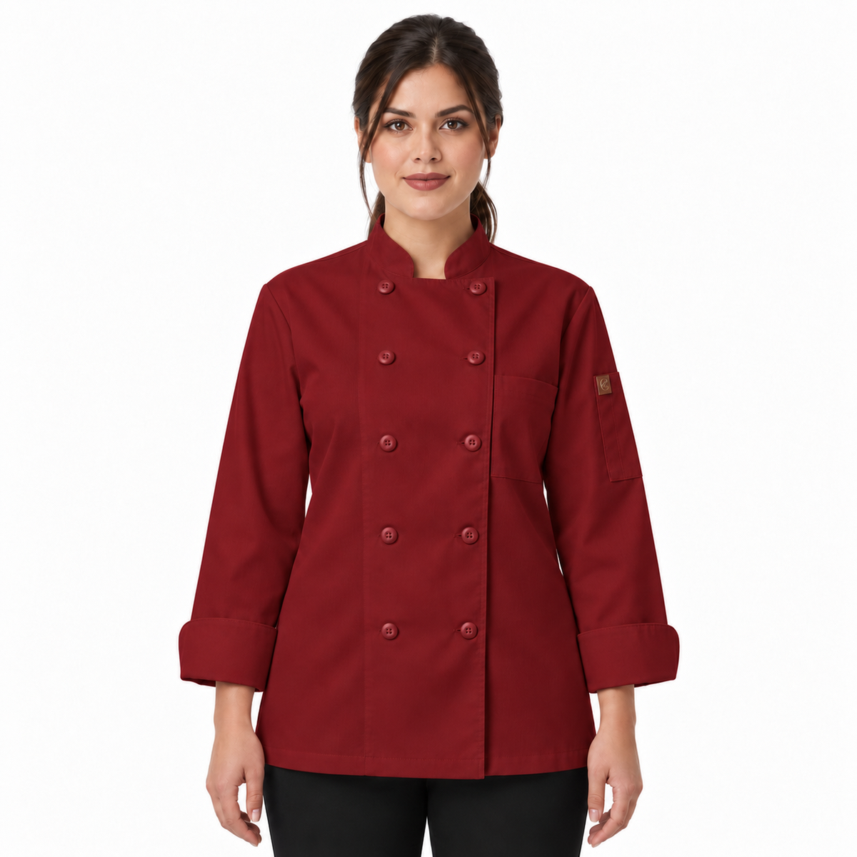 Filipina de chef para mujer Red Kap 041 Roja, vista frontal con modelo | color:roja
