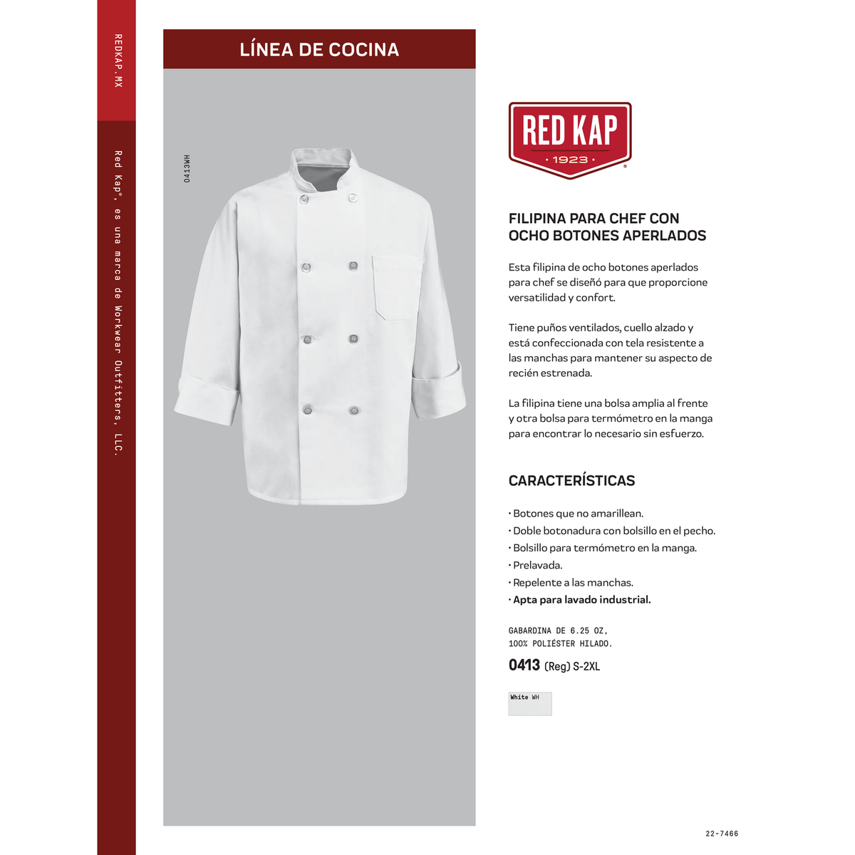 Filipina de chef Red Kap 0413 para hombre blanca, ficha técnica oficial | color:blanca