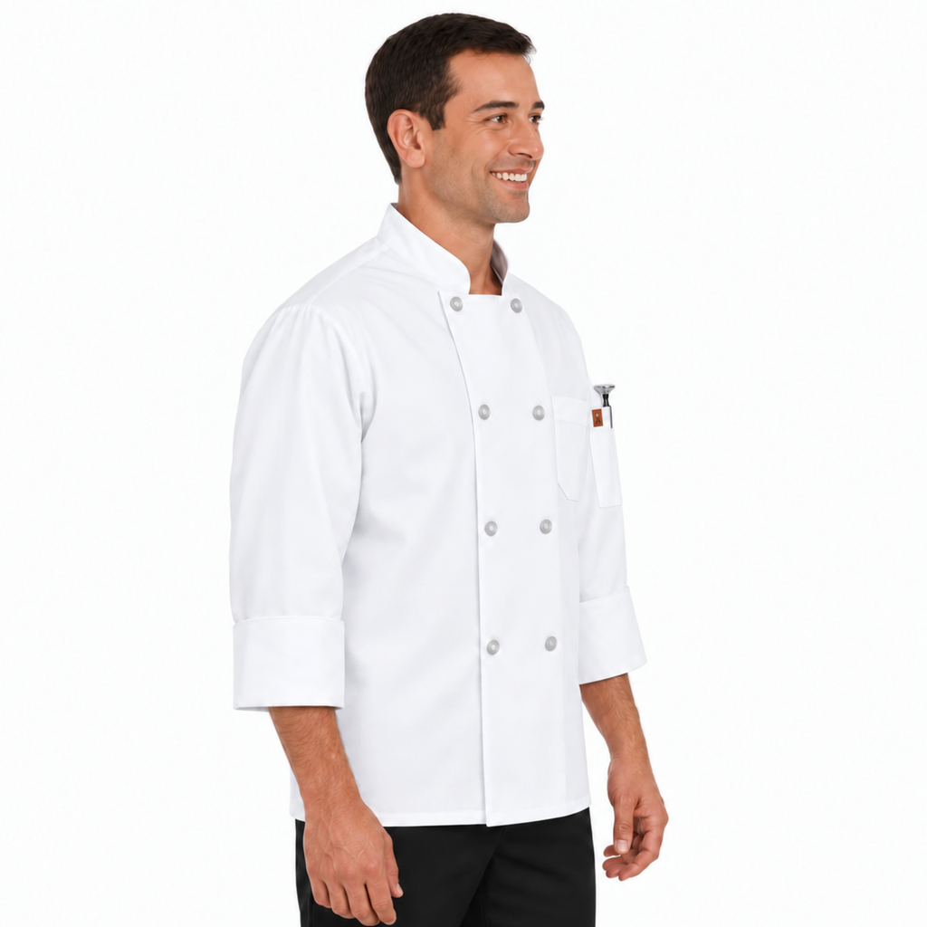 Filipina de chef Red Kap 0413 para hombre blanca, perfil derecho con bolsillo en manga izquierda