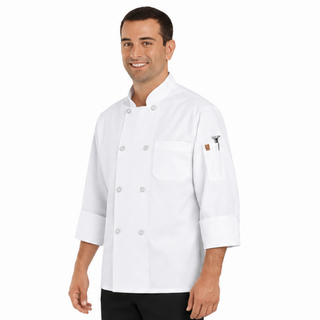Filipina de chef Red Kap 0413 para hombre blanca, vista tres cuartos izquierda con modelo