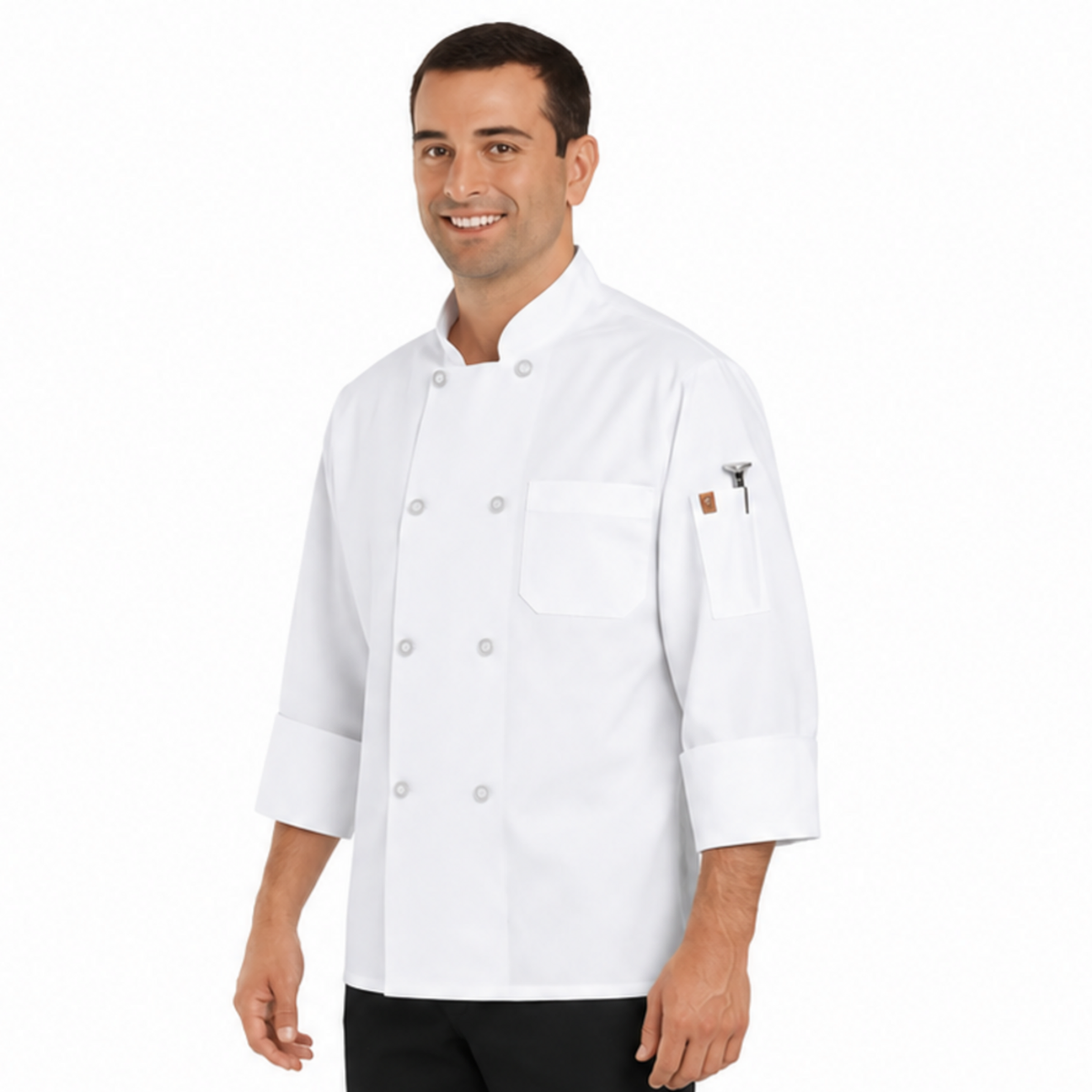 Filipina de chef Red Kap 0413 para hombre blanca, vista tres cuartos izquierda con modelo | color:blanca