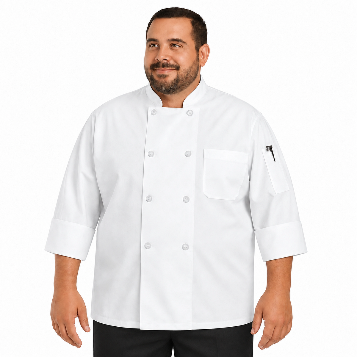 Filipina de chef Red Kap 0413 para hombre talla extra blanca, vista frontal con pantalón negro | color:blanca