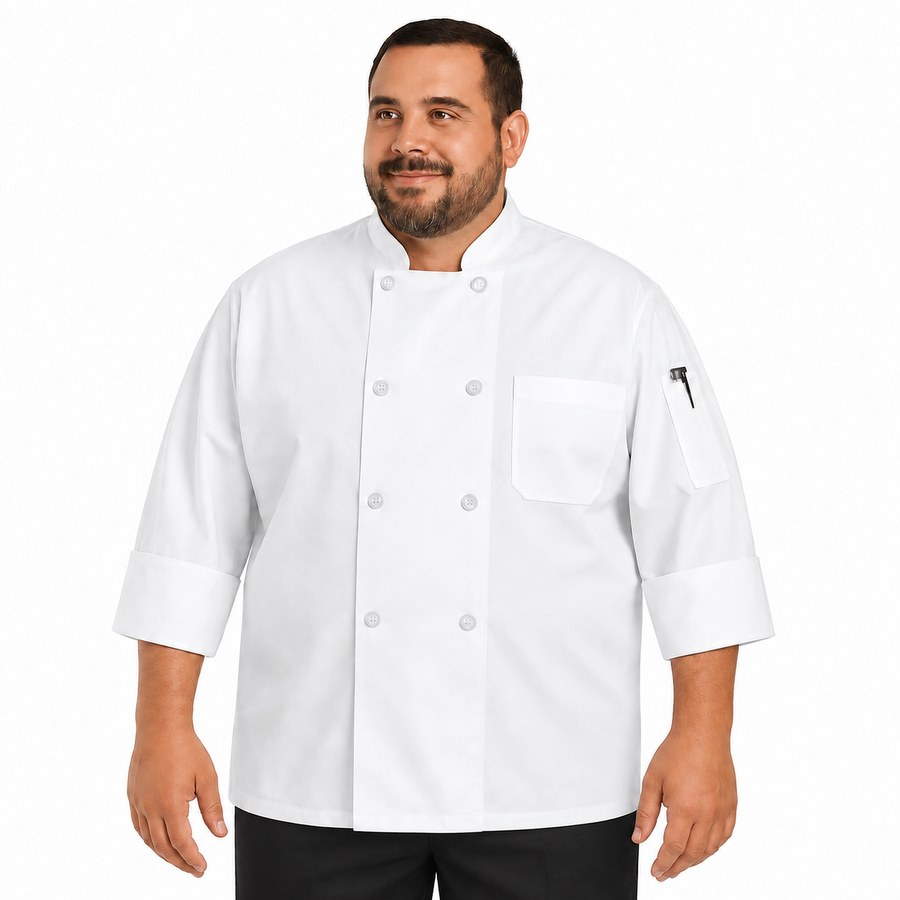 Filipina de chef Red Kap 0413 para hombre talla extra blanca, vista frontal con pantalón negro | color:blanca