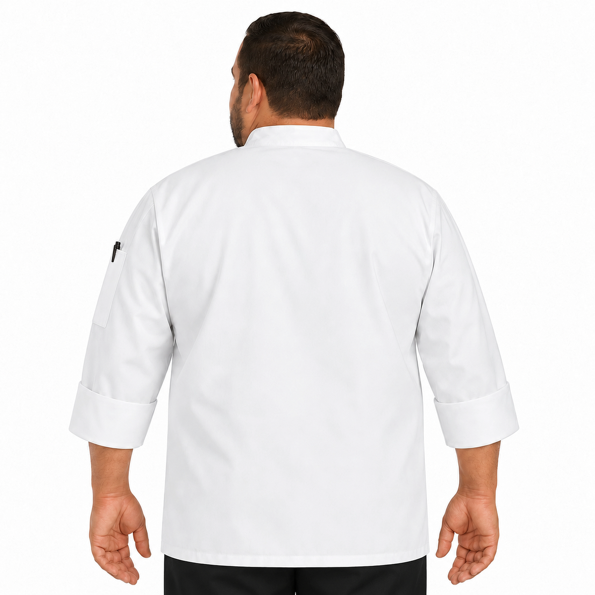 Filipina de chef Red Kap 0413 para hombre talla extra blanca, vista posterior con pantalón negro | color:blanca