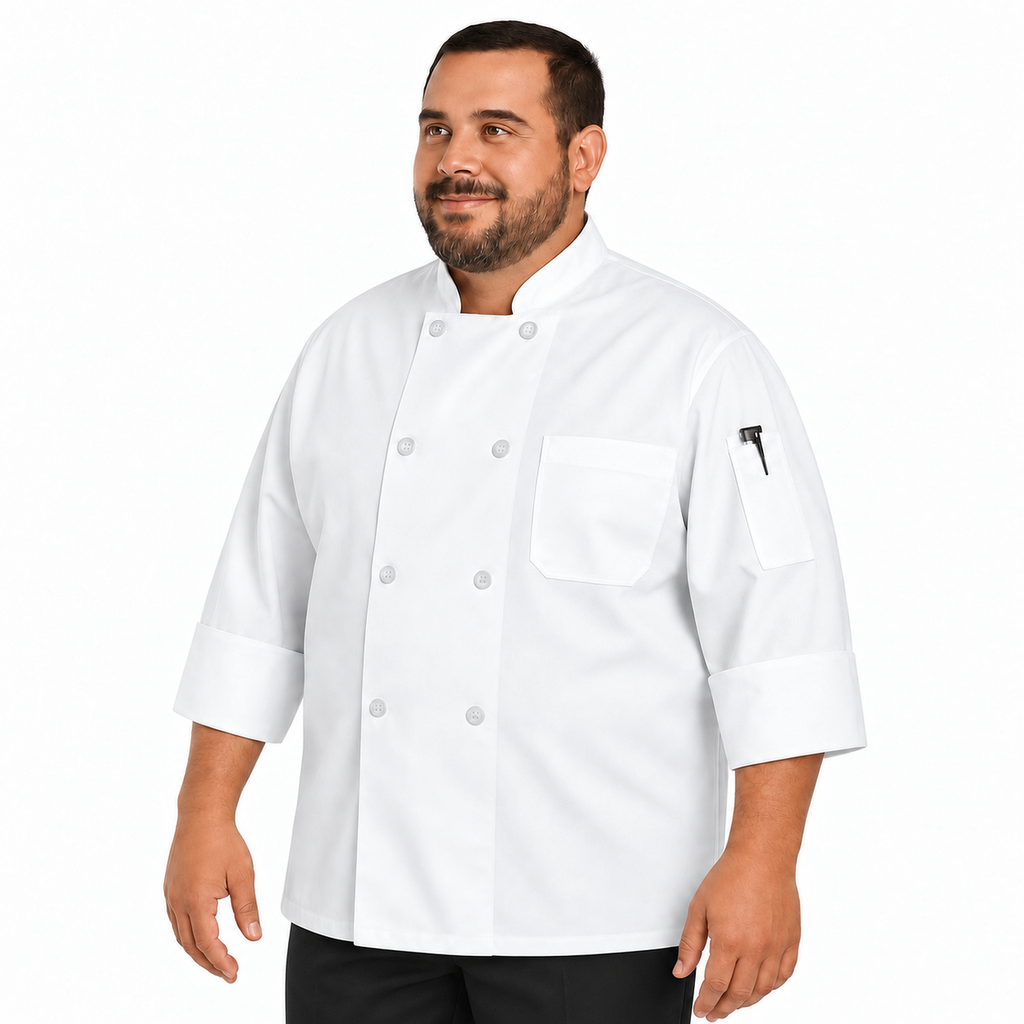 Filipina de chef Red Kap 0413 para hombre talla extra blanca, vista tres cuartos con pantalón negro