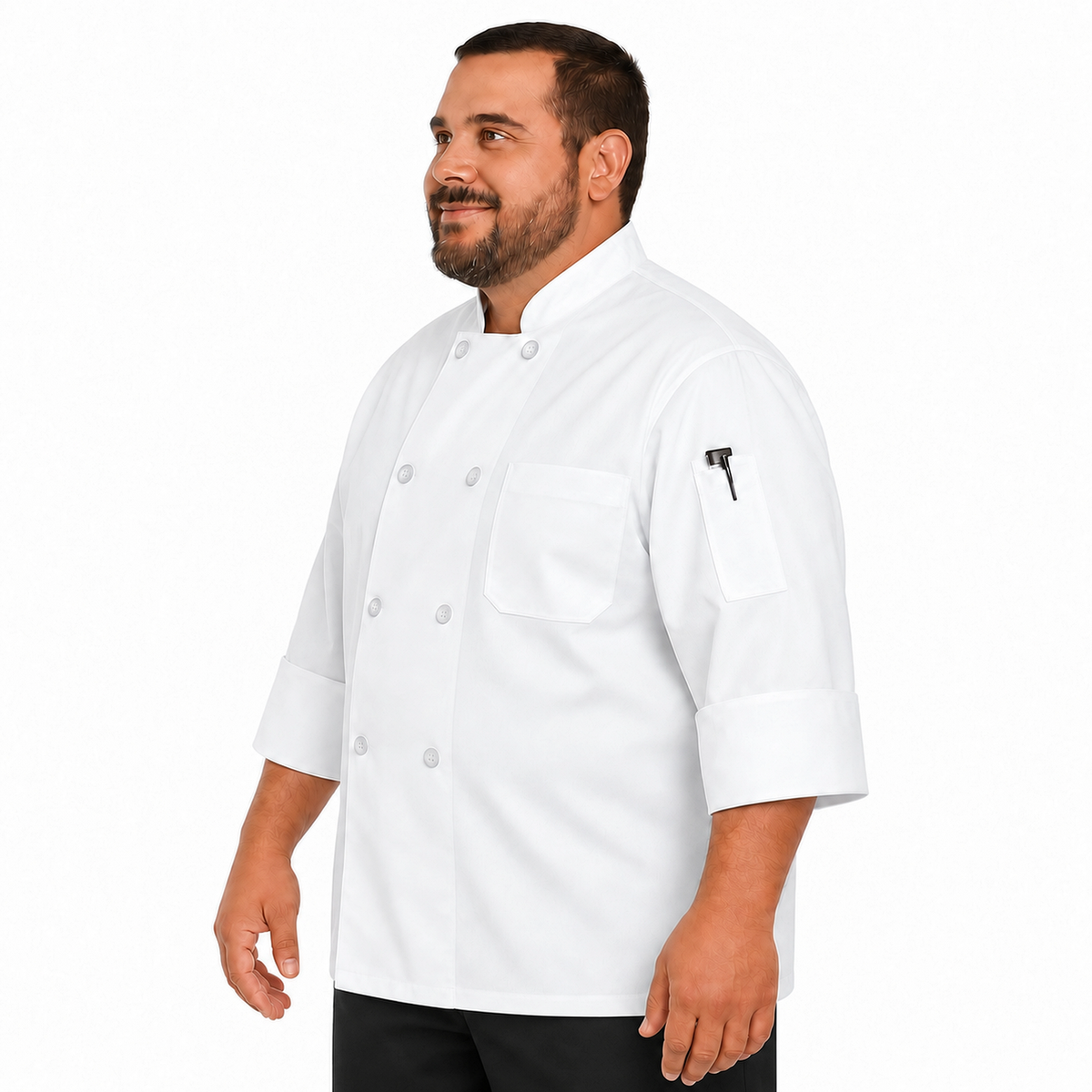Filipina de chef Red Kap 0413 para hombre talla extra blanca, perfil con bolsillo en manga izquierda y pantalón negro | color:blanca