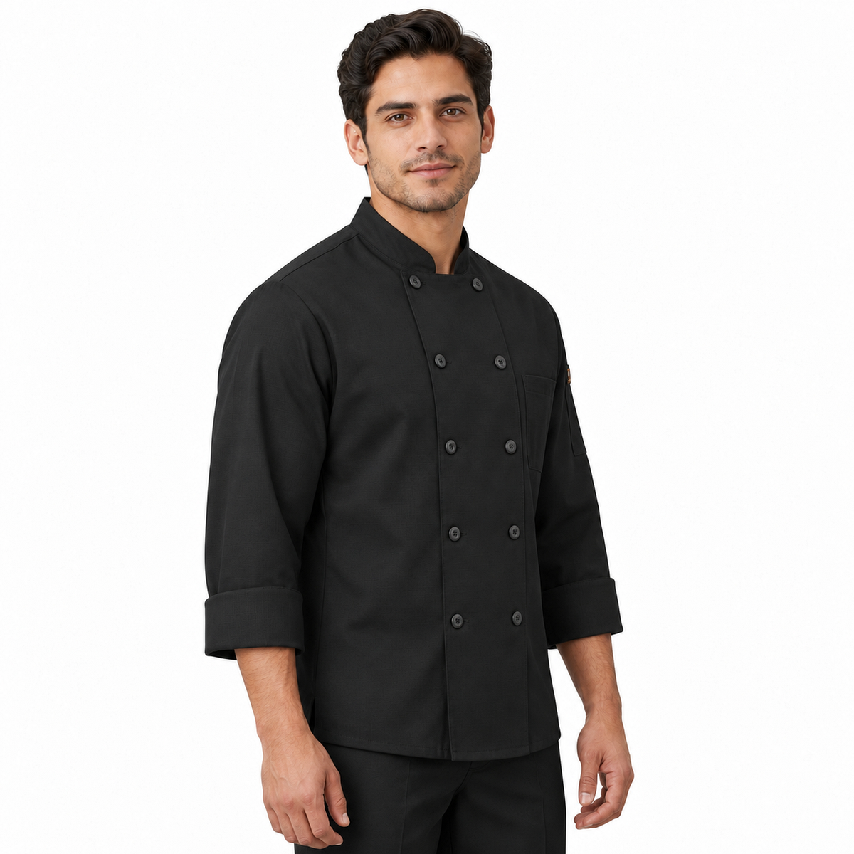 Filipina de chef Red Kap 042X para hombre negra, vista tres cuartos del perfil derecho con modelo | color:negra