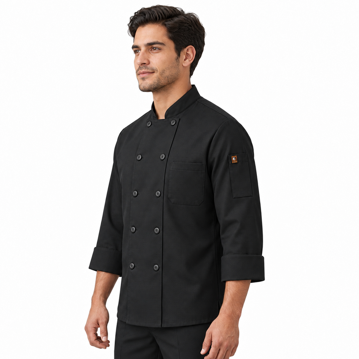Filipina de chef Red Kap 042X para hombre negra, vista de perfil con bolsillo en manga izquierda | color:negra