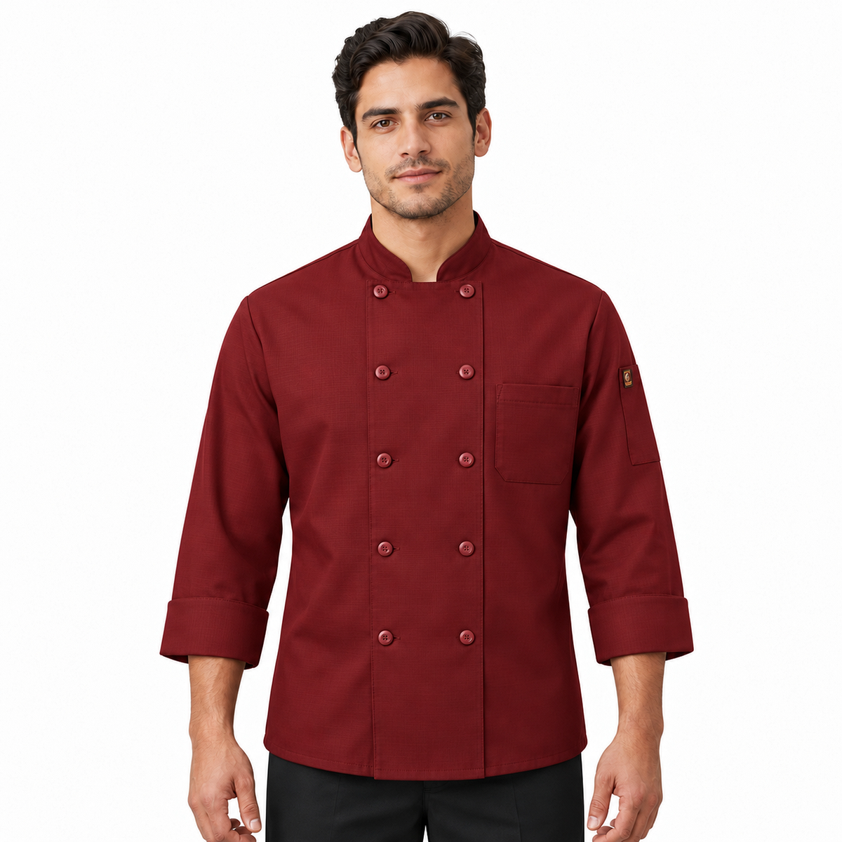 Filipina de chef Red Kap 042X para hombre roja, vista frontal con modelo | color:roja