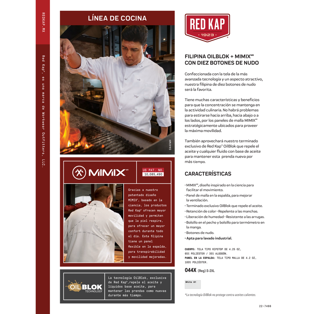 Ficha técnica de la filipina de chef Red Kap 044X blanca