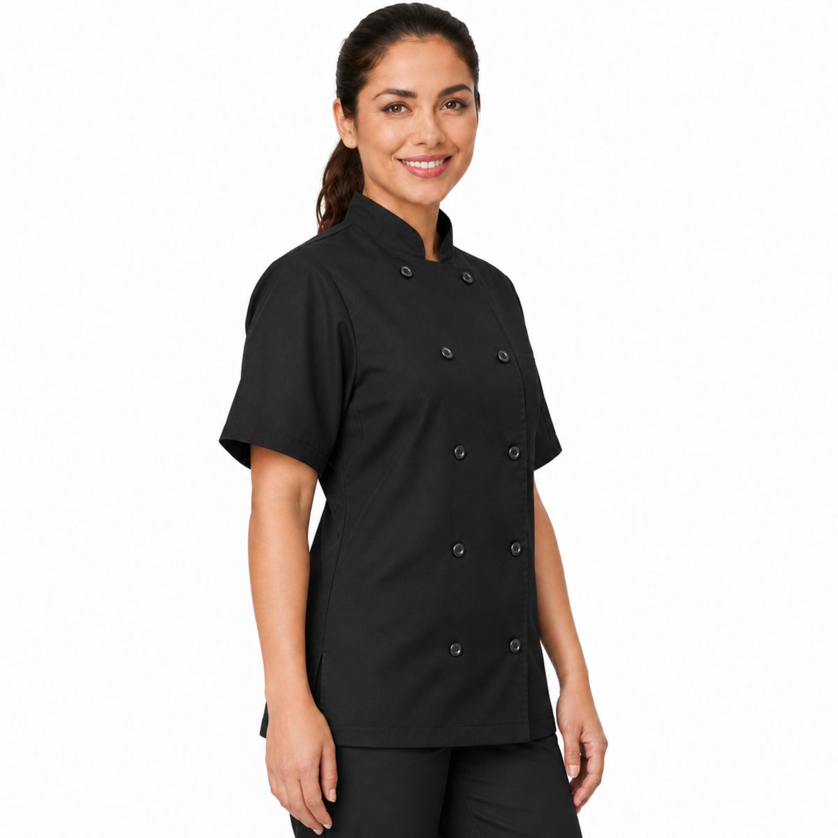 Filipina de chef Red Kap 045 para mujer Negra, perfil derecho con modelo | color:negra