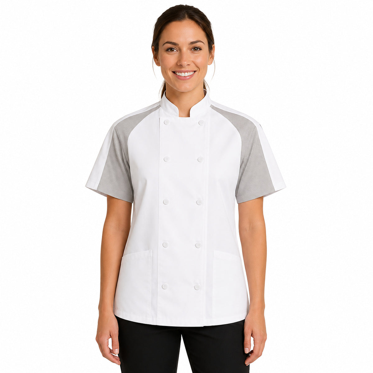 Filipina de chef Red Kap 051W para mujer Blanca, vista frontal con modelo | color:blanca
