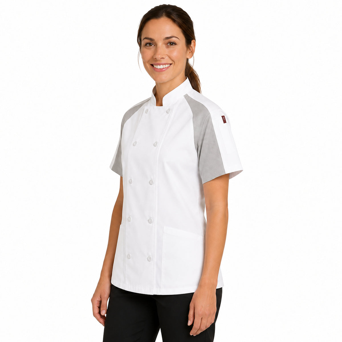 Filipina de chef Red Kap 051W para mujer Blanca, perfil izquierdo con modelo | color:blanca