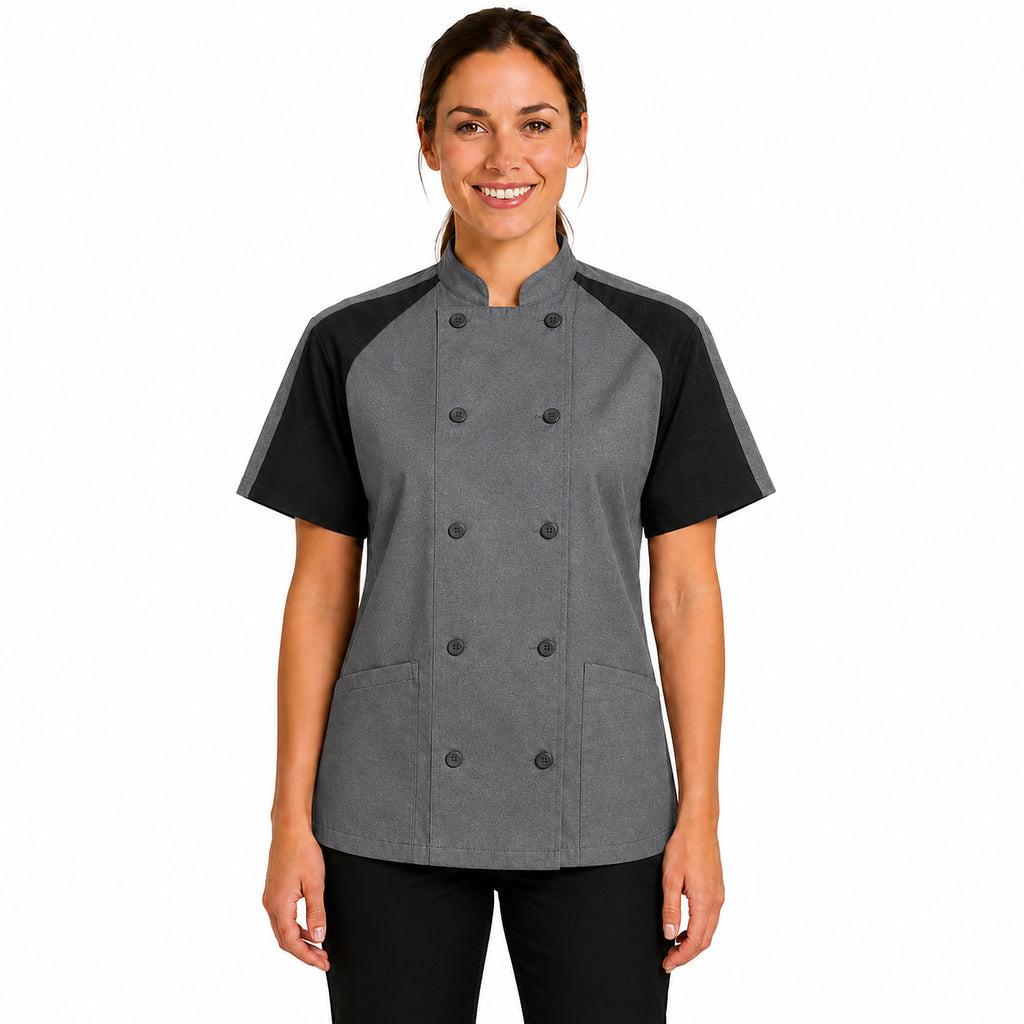 Filipina de chef Red Kap 051W para mujer Gris Oxford, vista frontal con modelo