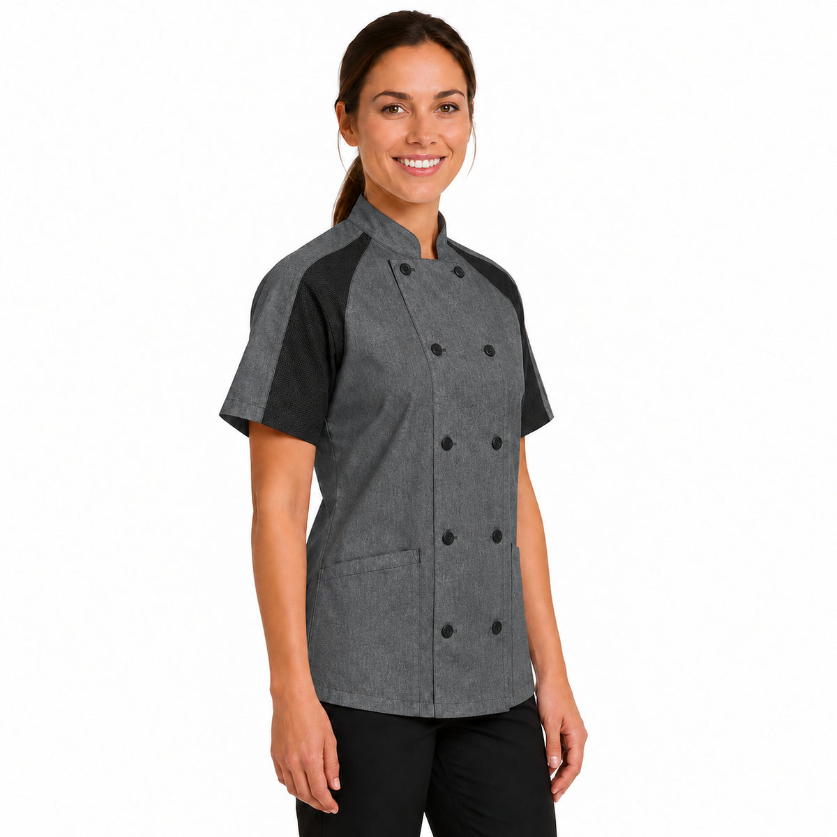 Filipina de chef Red Kap 051W para mujer Gris Oxford, perfil derecho con modelo | color:gris-oxford